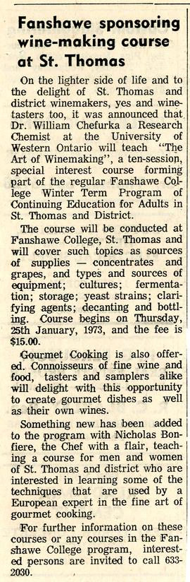 Fanshawe sponsoring wine-making course at St. Thomas, 1973