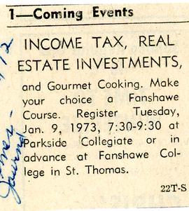 Coming Events - Income Tax, Real Estate Investments, and Gourmet Cooking, 1973