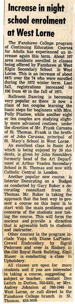 Increase in night school enrolment at West Lorne, 1973