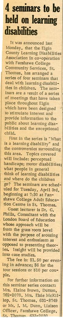 4 seminars to be held on learning disabilities, 1973