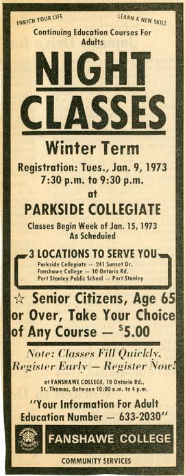 Continuing Education Courses for Adults, Night Classes, 1973